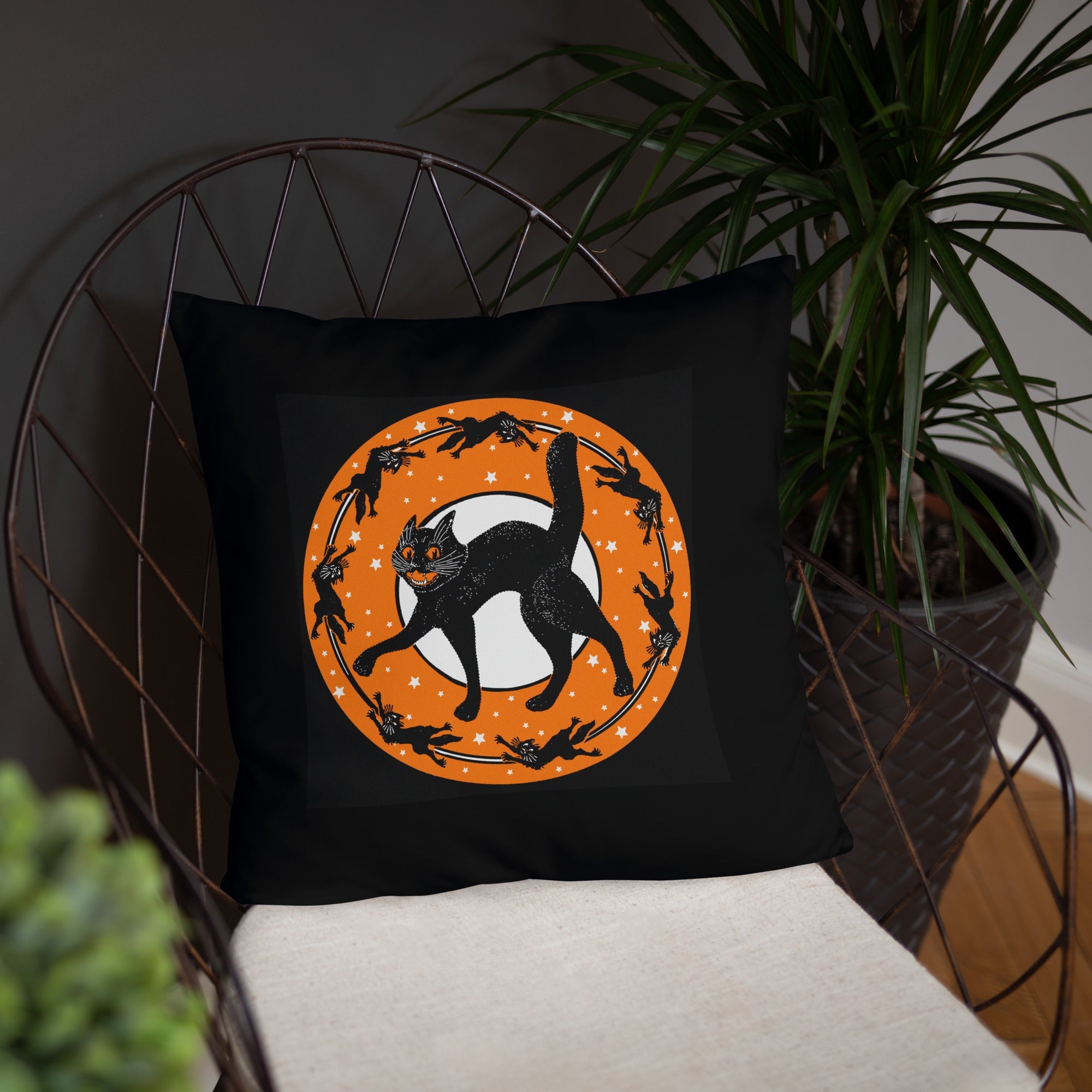 Black Cats Full Moon Retro Halloween Black Square Pillow
