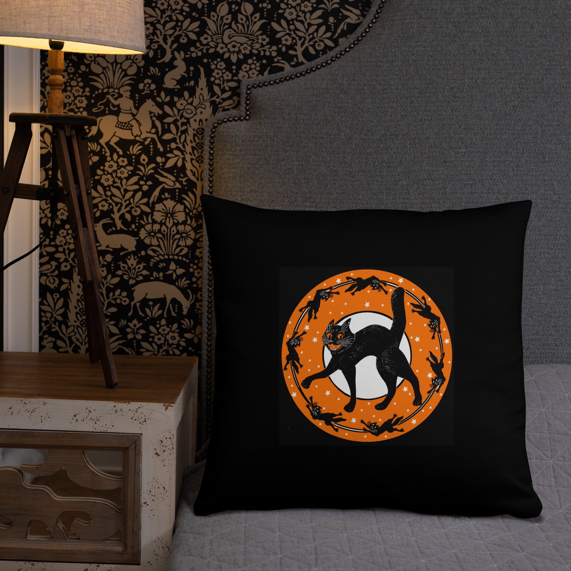 Black Cats Full Moon Retro Halloween Black Square Pillow
