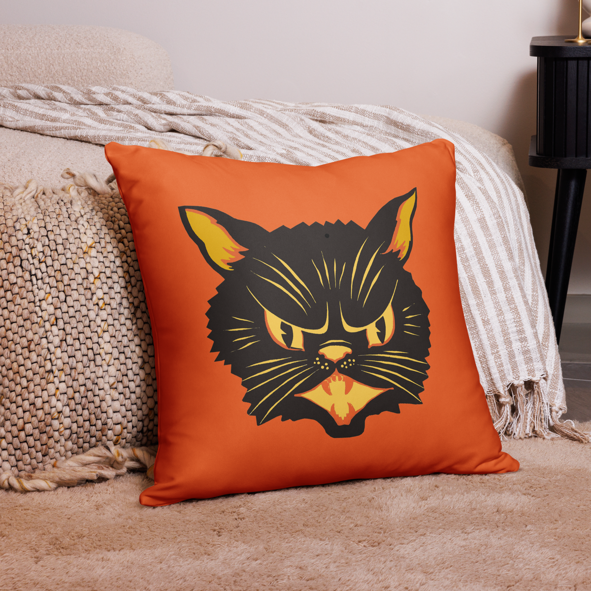 Black Cat Orange Retro Halloween Square Pillow