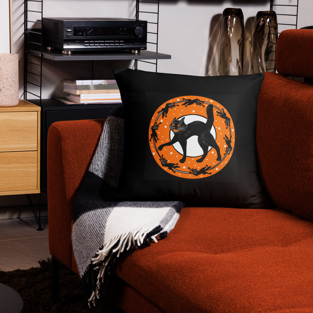 Black Cats Full Moon Retro Halloween Black Square Pillow