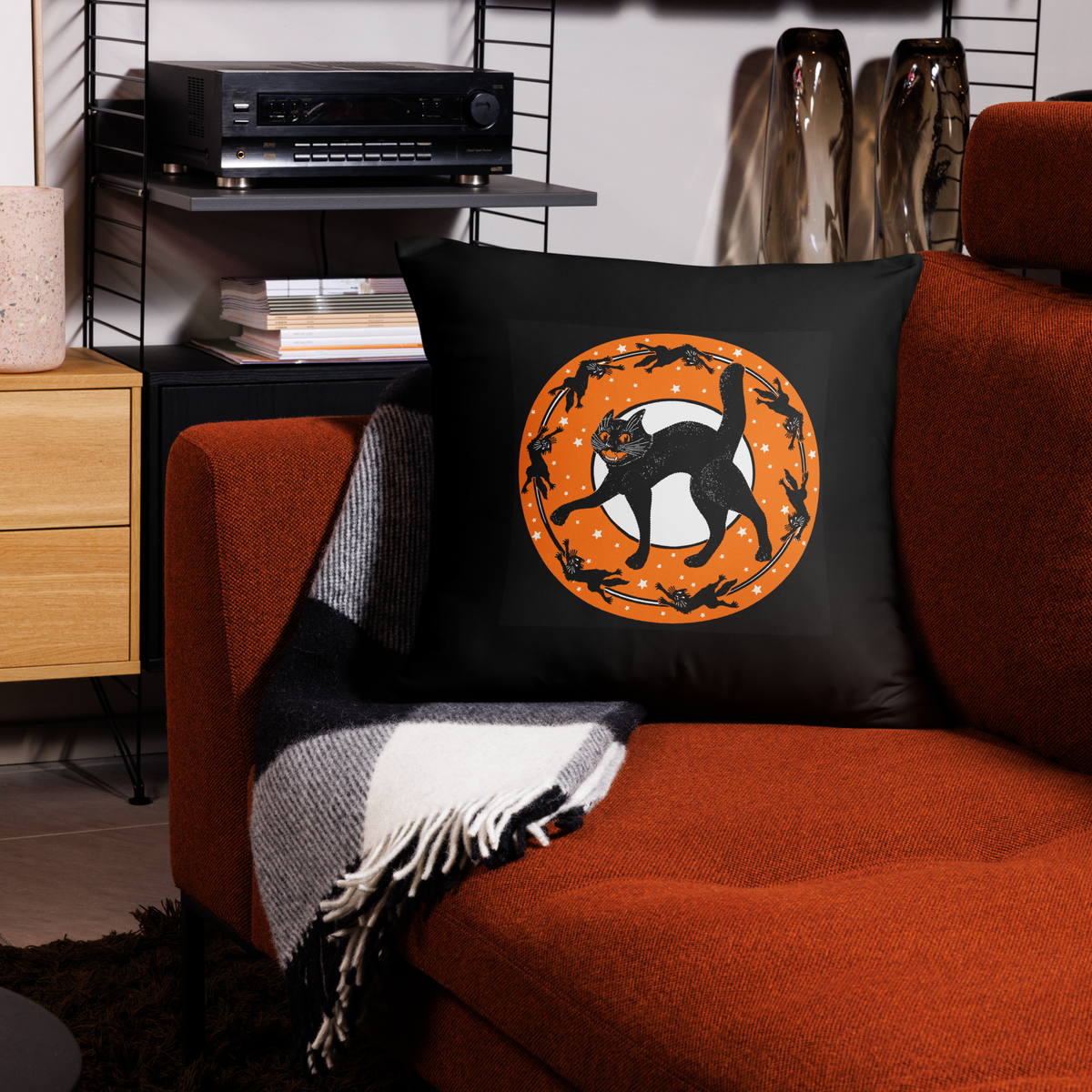 Black Cats Full Moon Retro Halloween Black Square Pillow