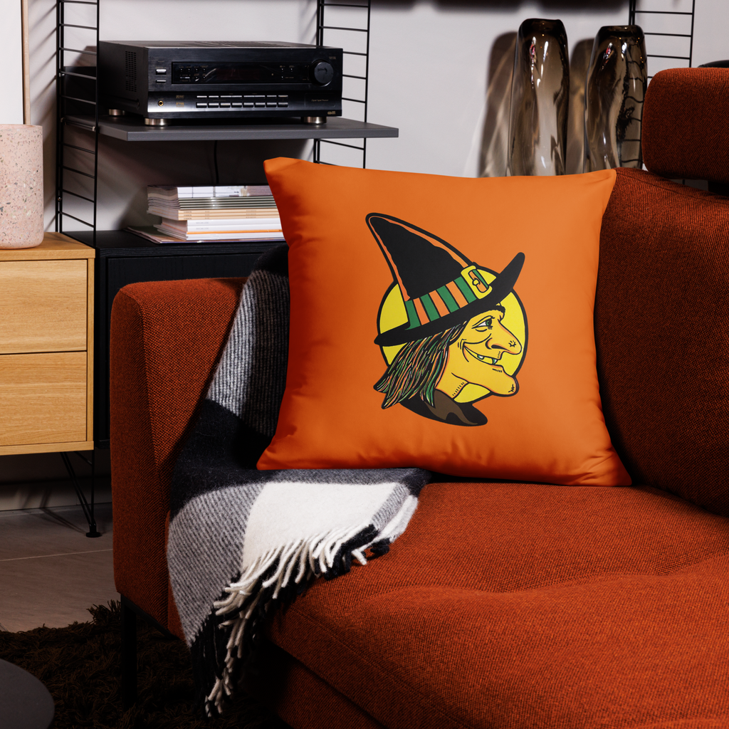Retro Witch Full Moon Orange Halloween Square Pillow