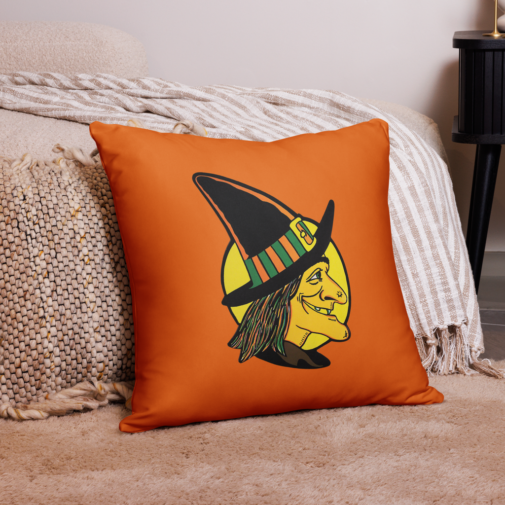 Retro Witch Full Moon Orange Halloween Square Pillow