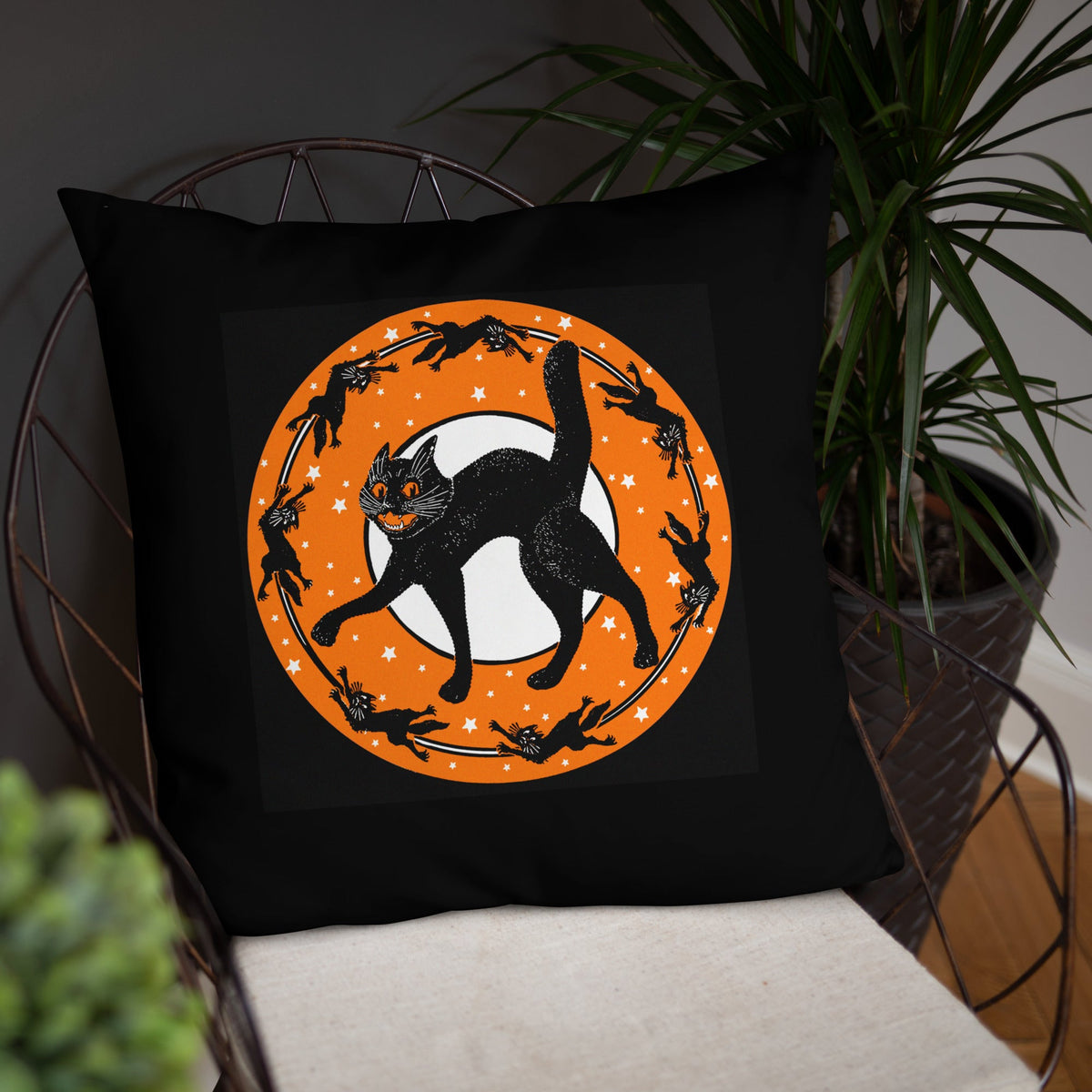 Black Cats Full Moon Retro Halloween Black Square Pillow