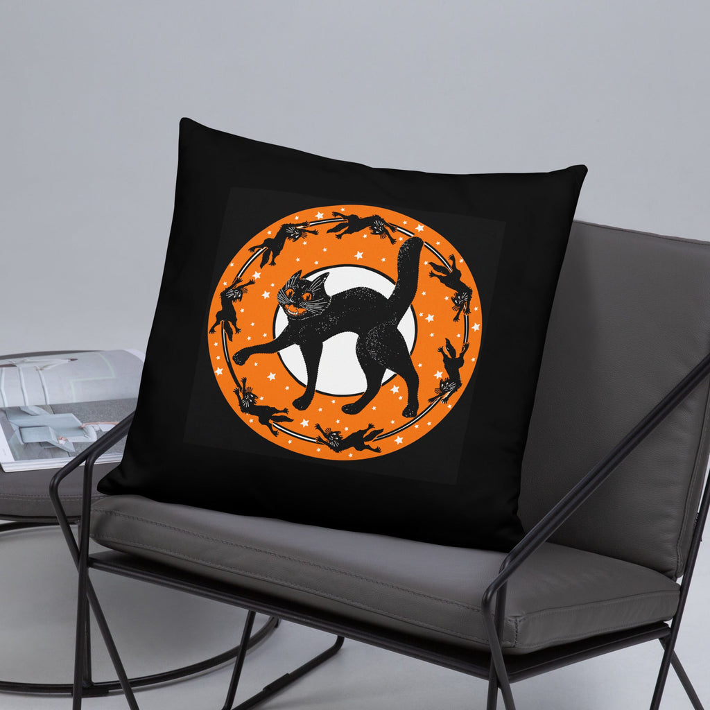Black Cats Full Moon Retro Halloween Black Square Pillow