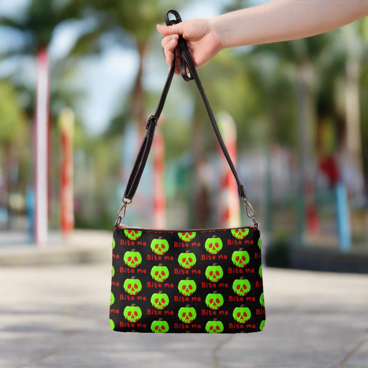 Snow White Evil Queen Bite Me Poison Apple Halloween Black Crossbody Bag Purse