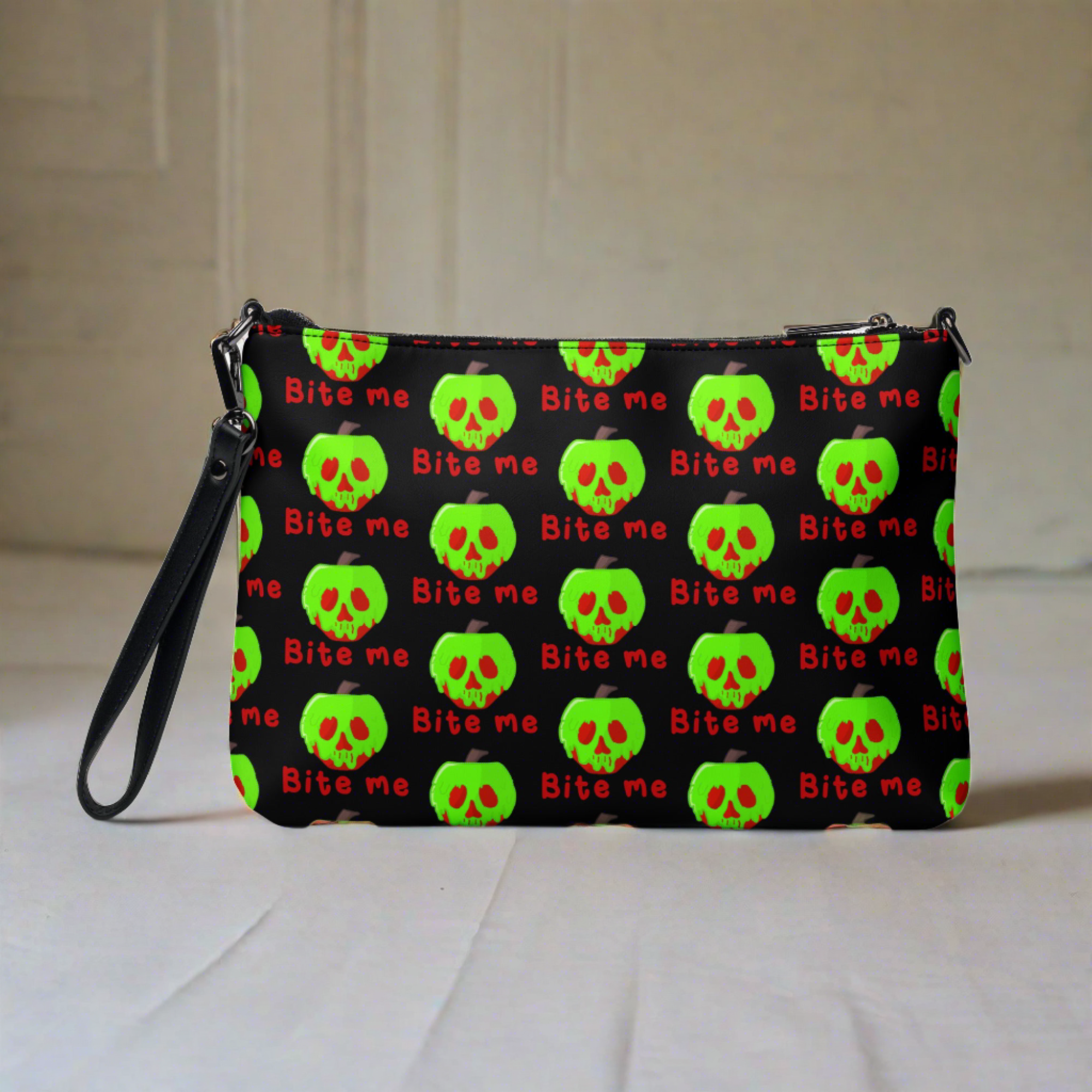 Snow White Evil Queen Bite Me Poison Apple Halloween Black Crossbody Bag Purse