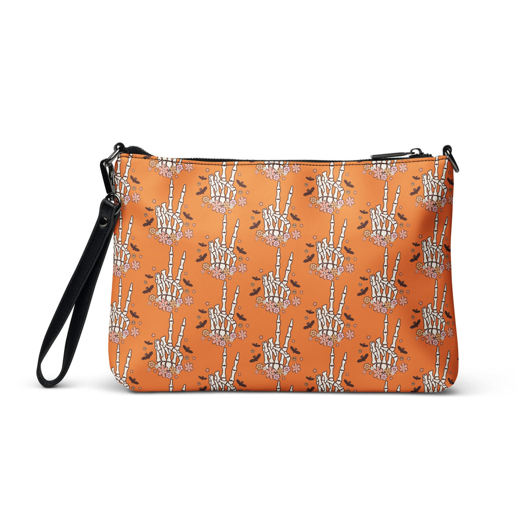 Retro Groovy Skeleton Peace Sign Halloween Crossbody Bag Shoulder Purse Wristlet Clutch
