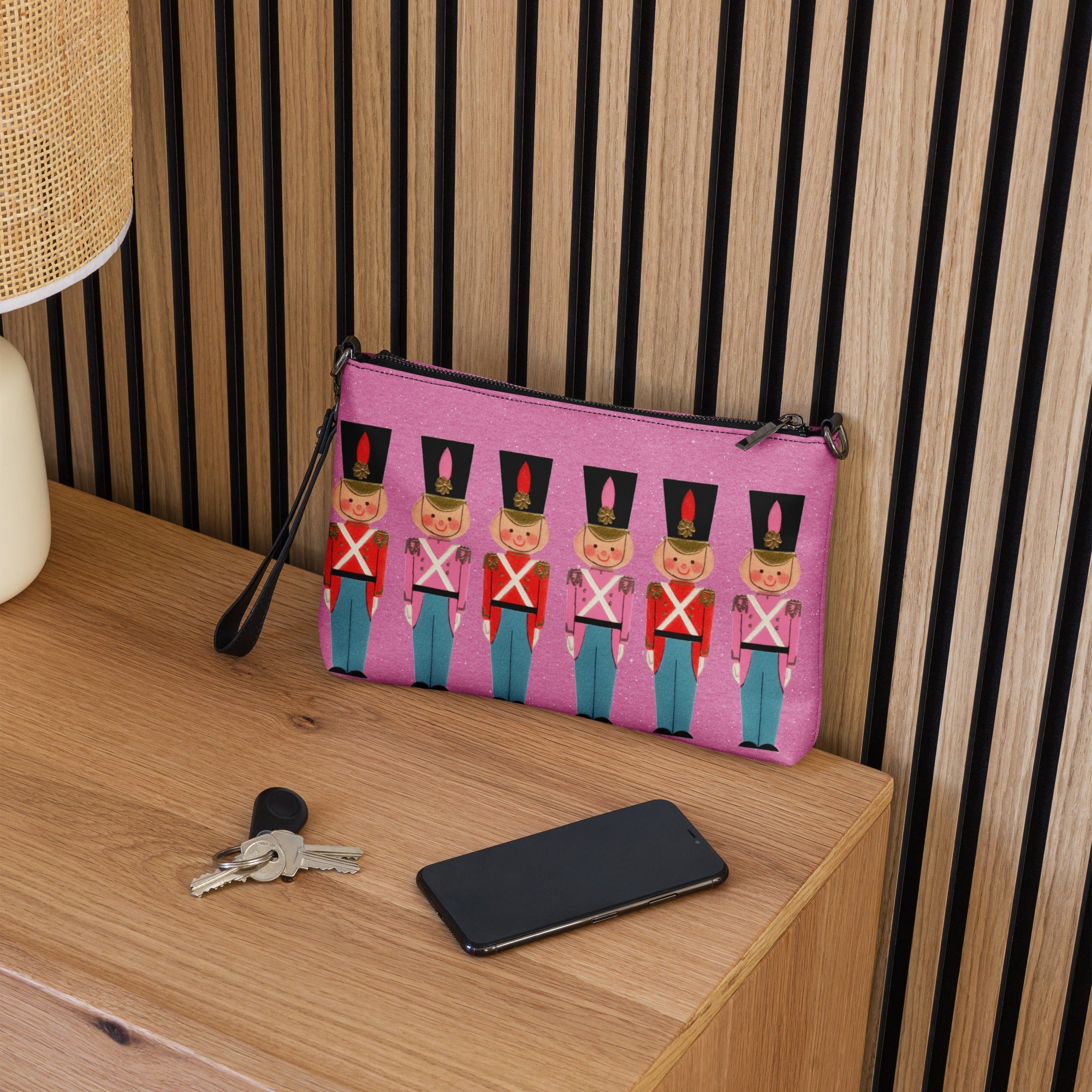 Christmas Toy Soldiers Mid Century Retro Christmas Print Pink Crossbody Bag Purse