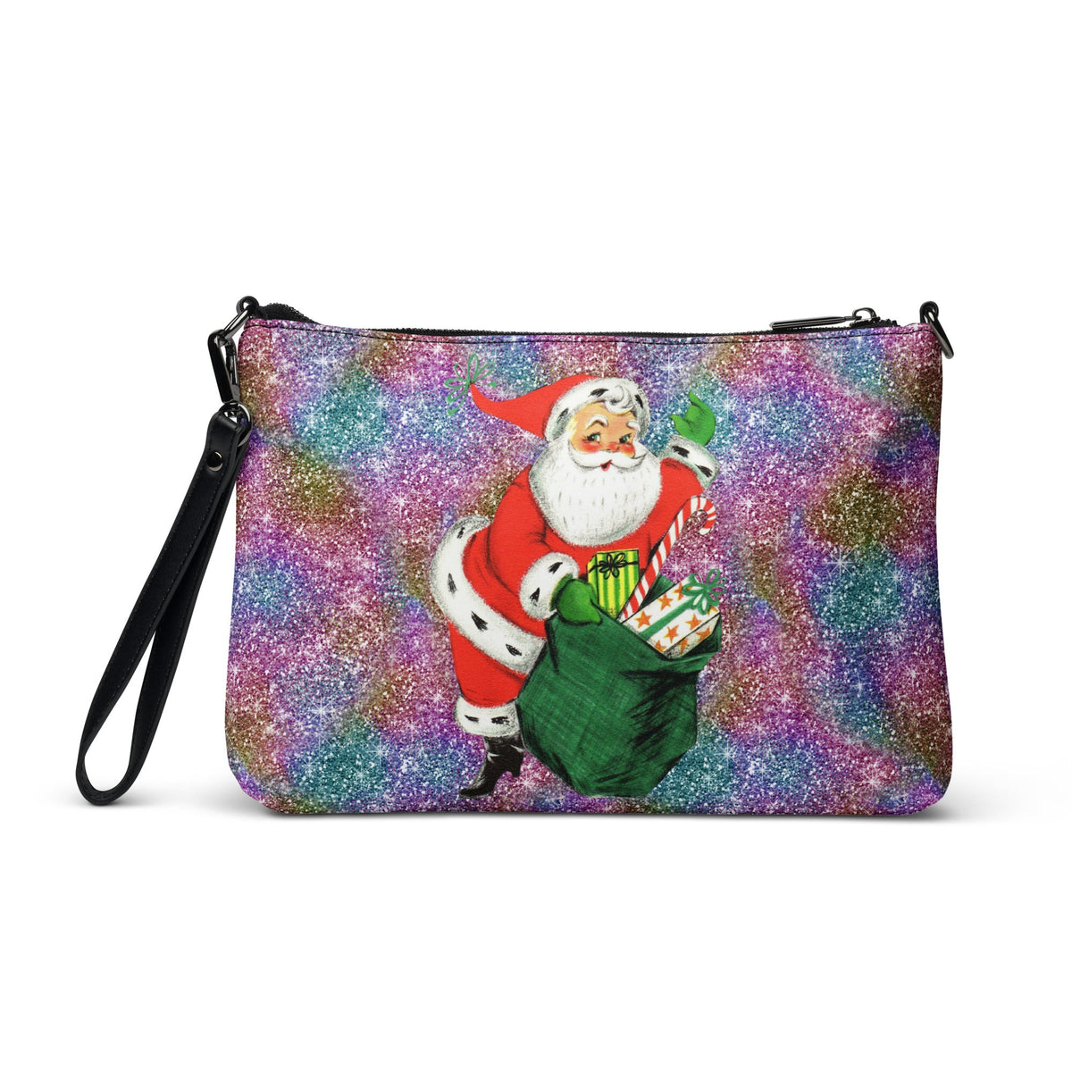 Retro Santa With His Sack Of Presents Glitter Background Mid Century Christmas Print Crossbody Bag Purse