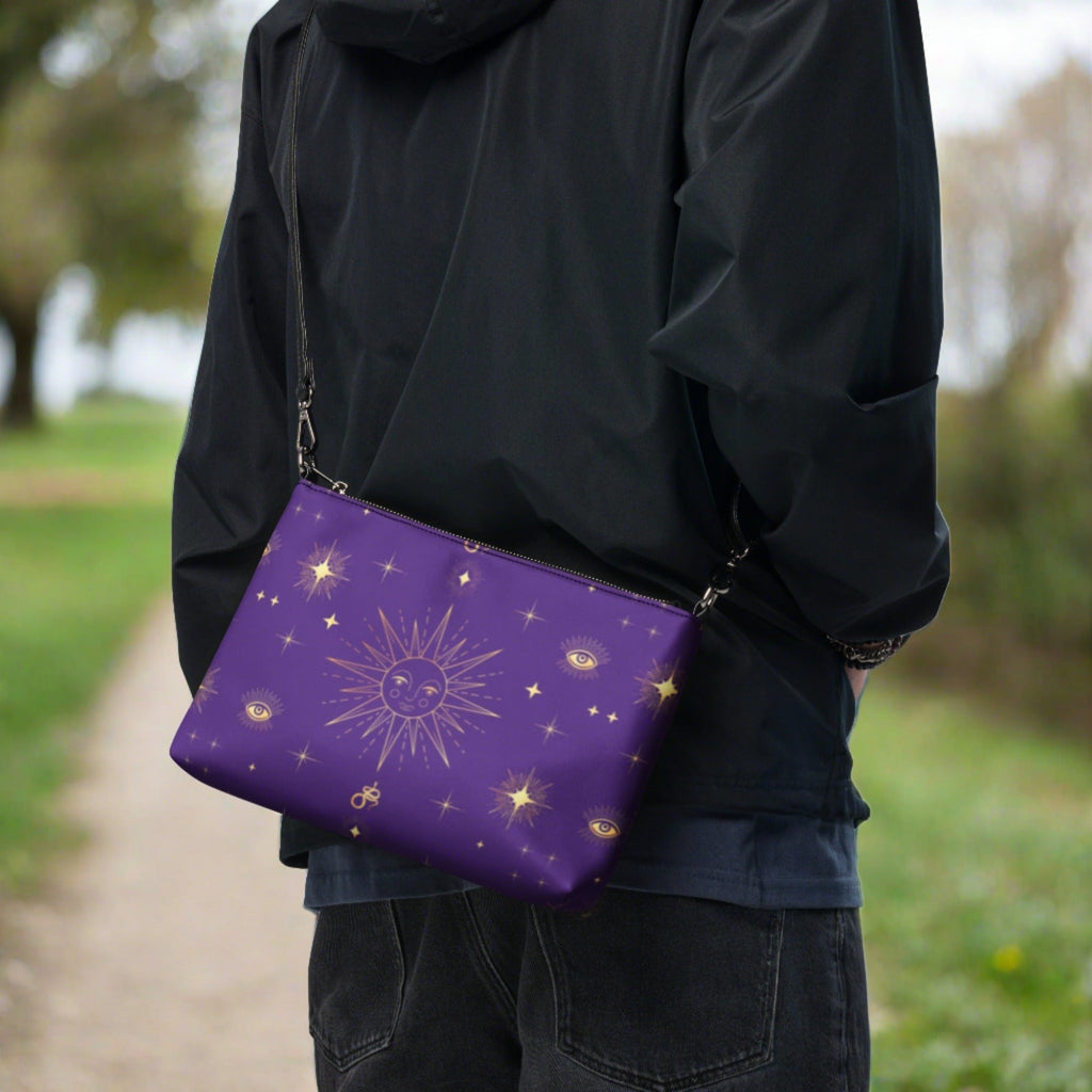 Celestial Gold Sun Stars Purple Tarot Crossbody Bag Shoulder Purse Clutch Wristlet
