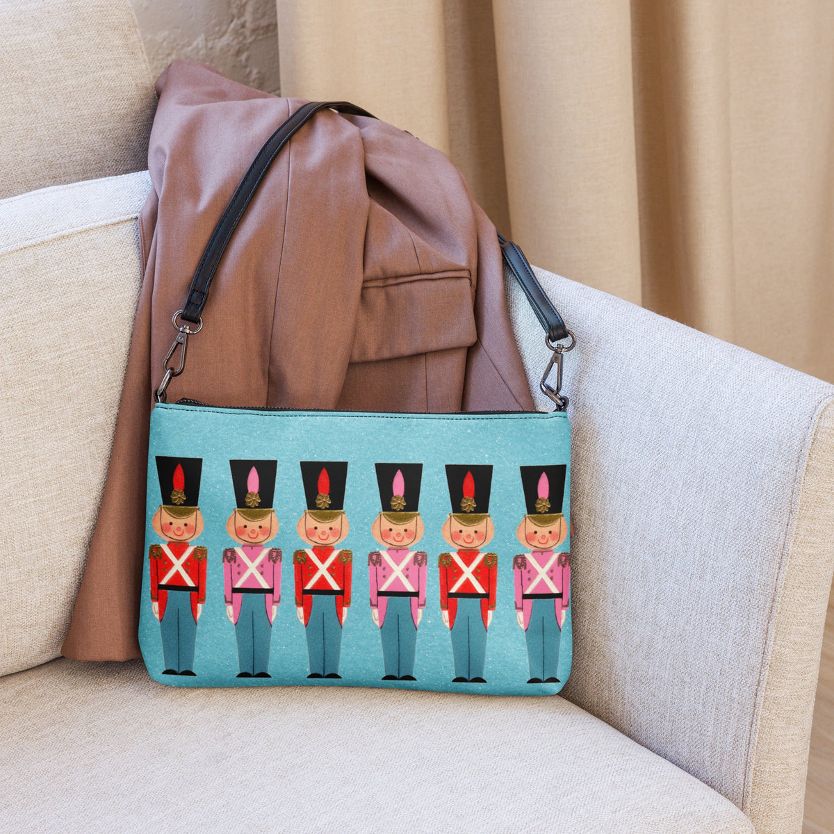 Christmas Toy Soldiers Mid Century Retro Christmas Print Blue Crossbody Bag Purse