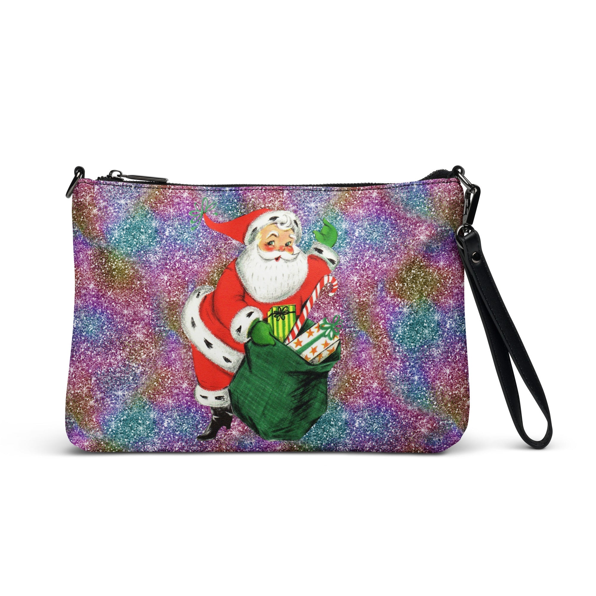 Retro Santa With His Sack Of Presents Glitter Background Mid Century Christmas Print Crossbody Bag Purse