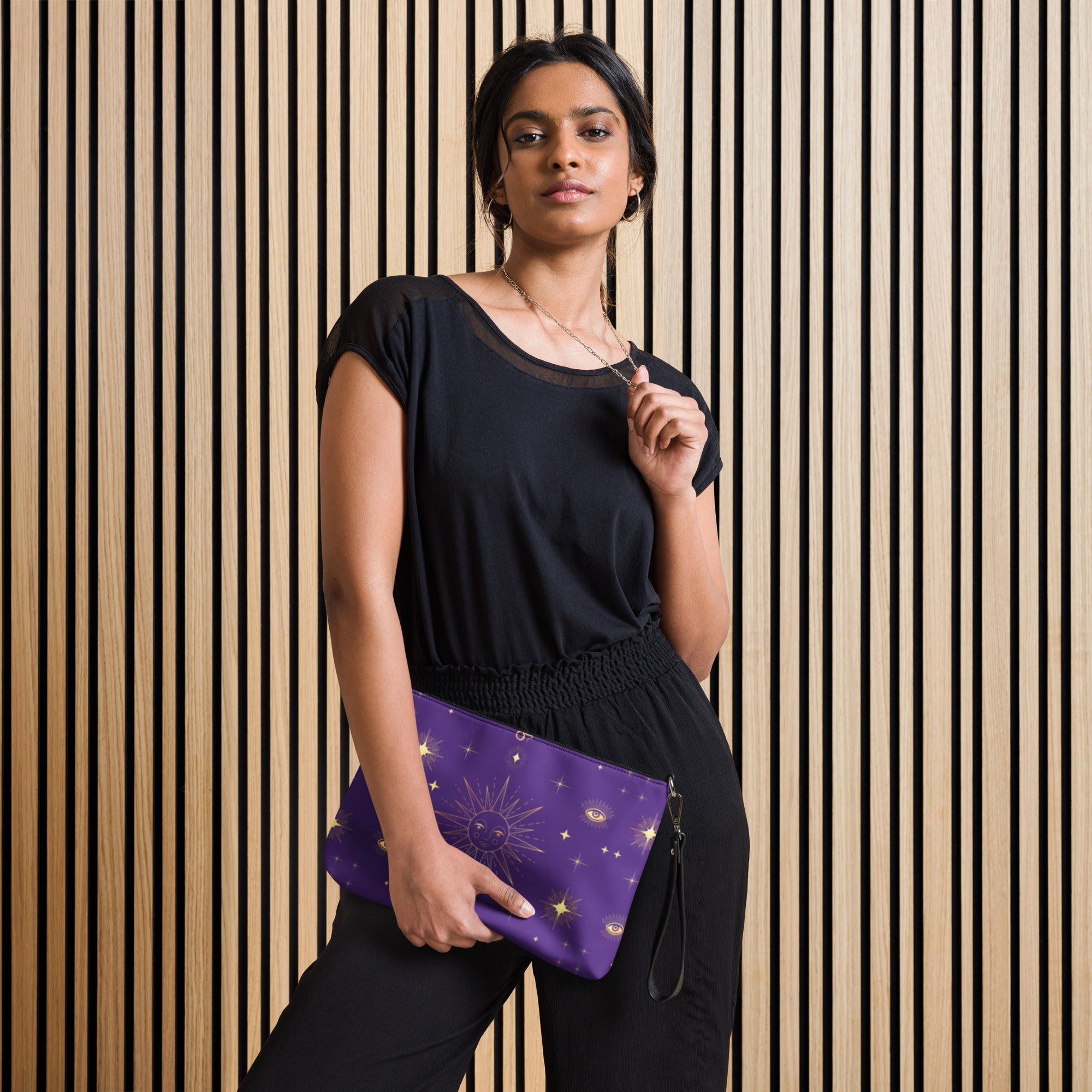 Celestial Gold Sun Stars Purple Tarot Crossbody Bag Shoulder Purse Clutch Wristlet