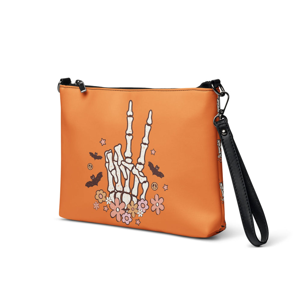 Retro Groovy Skeleton Peace Sign Halloween Crossbody Bag Shoulder Purse Wristlet Clutch