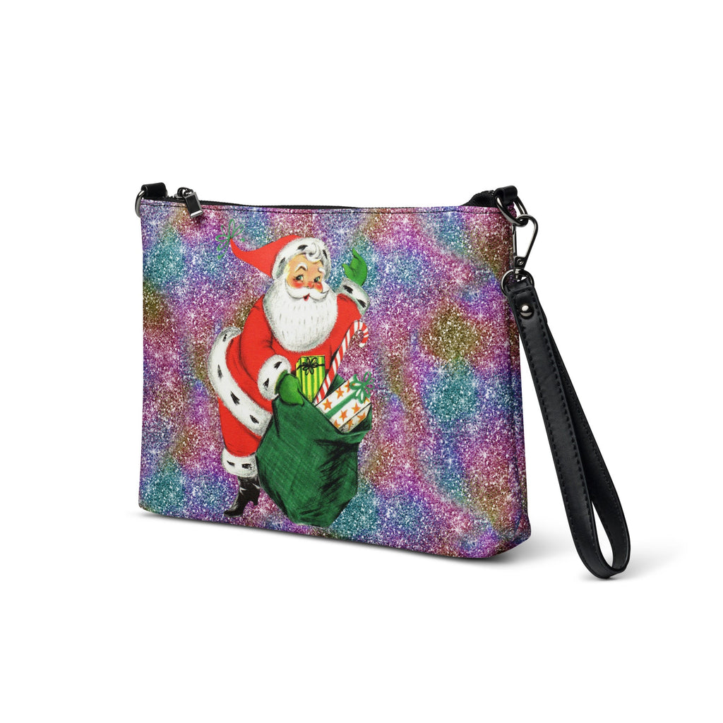 Retro Santa With His Sack Of Presents Glitter Background Mid Century Christmas Print Crossbody Bag Purse