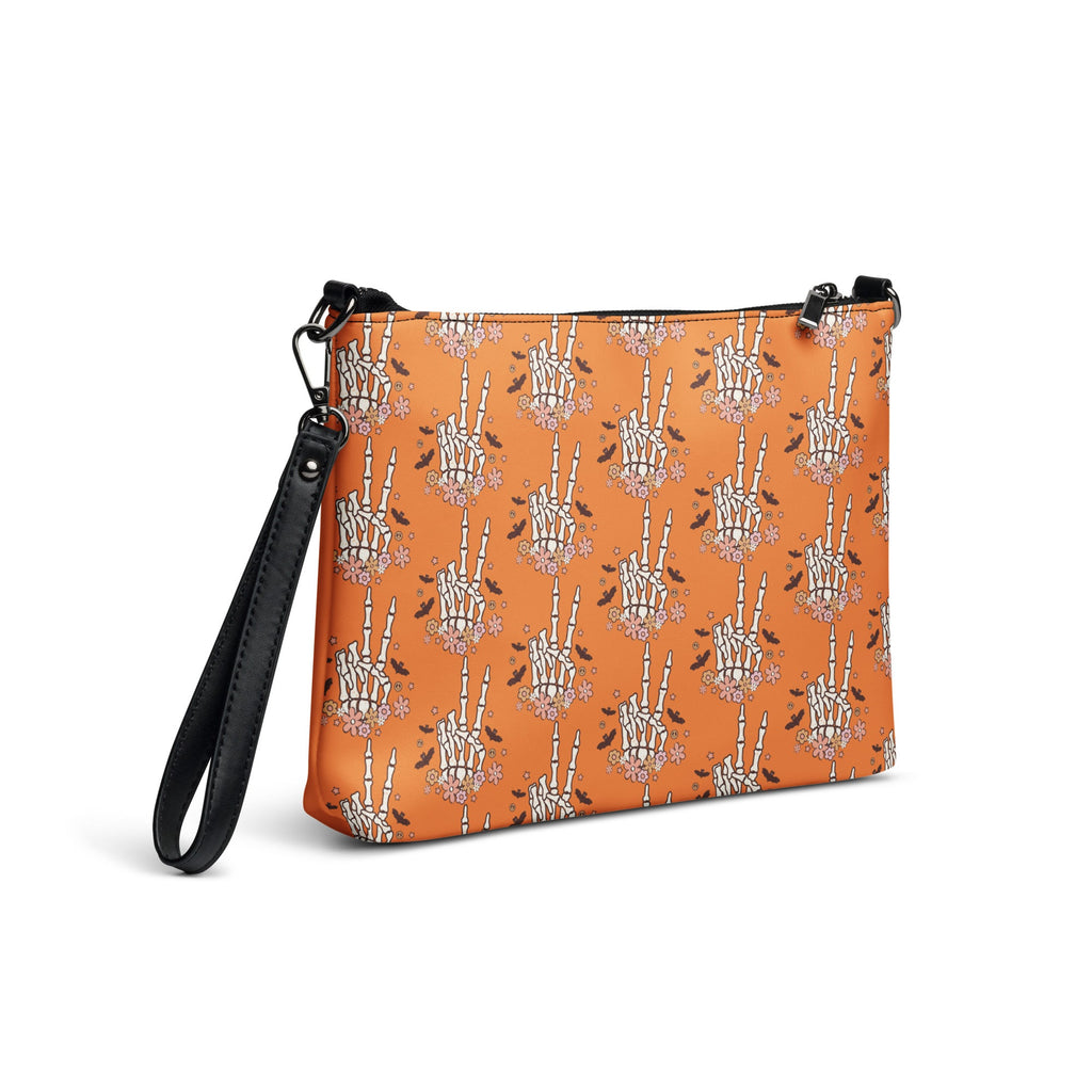 Retro Groovy Skeleton Peace Sign Halloween Crossbody Bag Shoulder Purse Wristlet Clutch