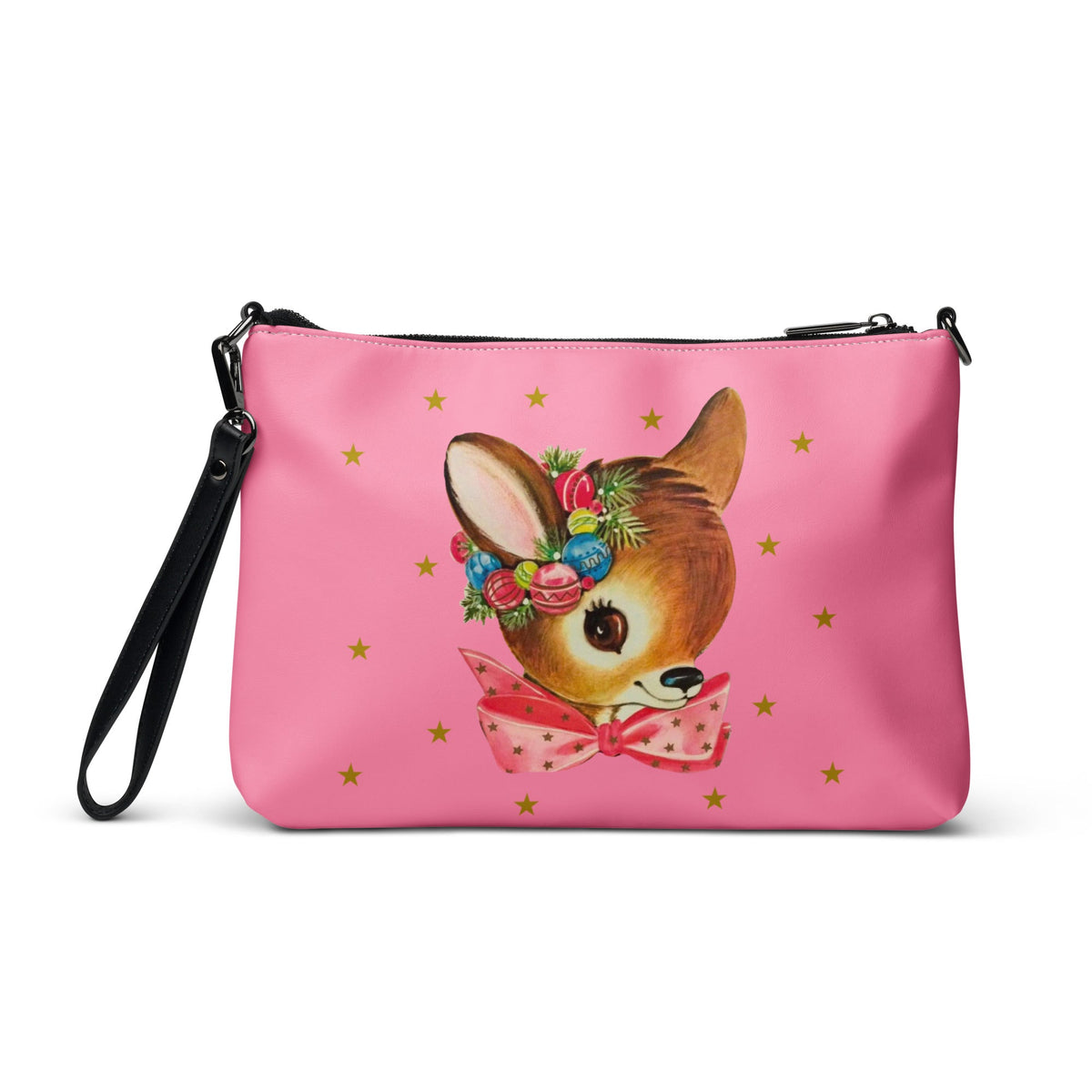 Reindeer Gold Stars Pink Mid Century Retro Christmas Crossbody Bag Purse