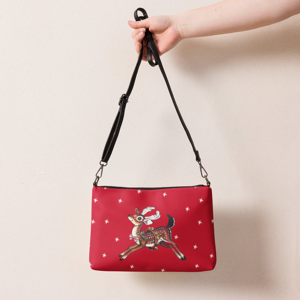 Reindeer With Stars Mid Century Retro Christmas Print Crossbody Bag Purse