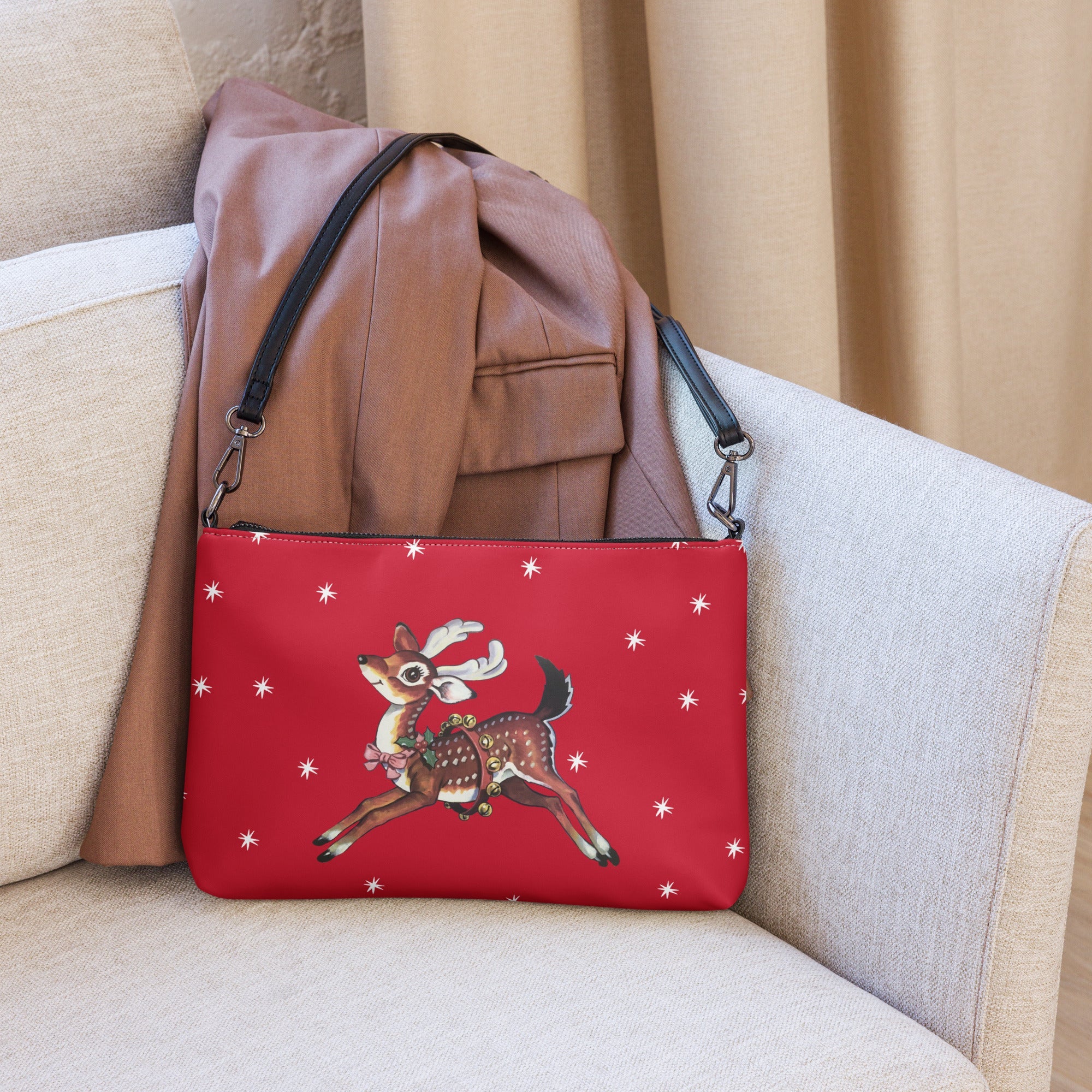 Reindeer With Stars Mid Century Retro Christmas Print Crossbody Bag Purse