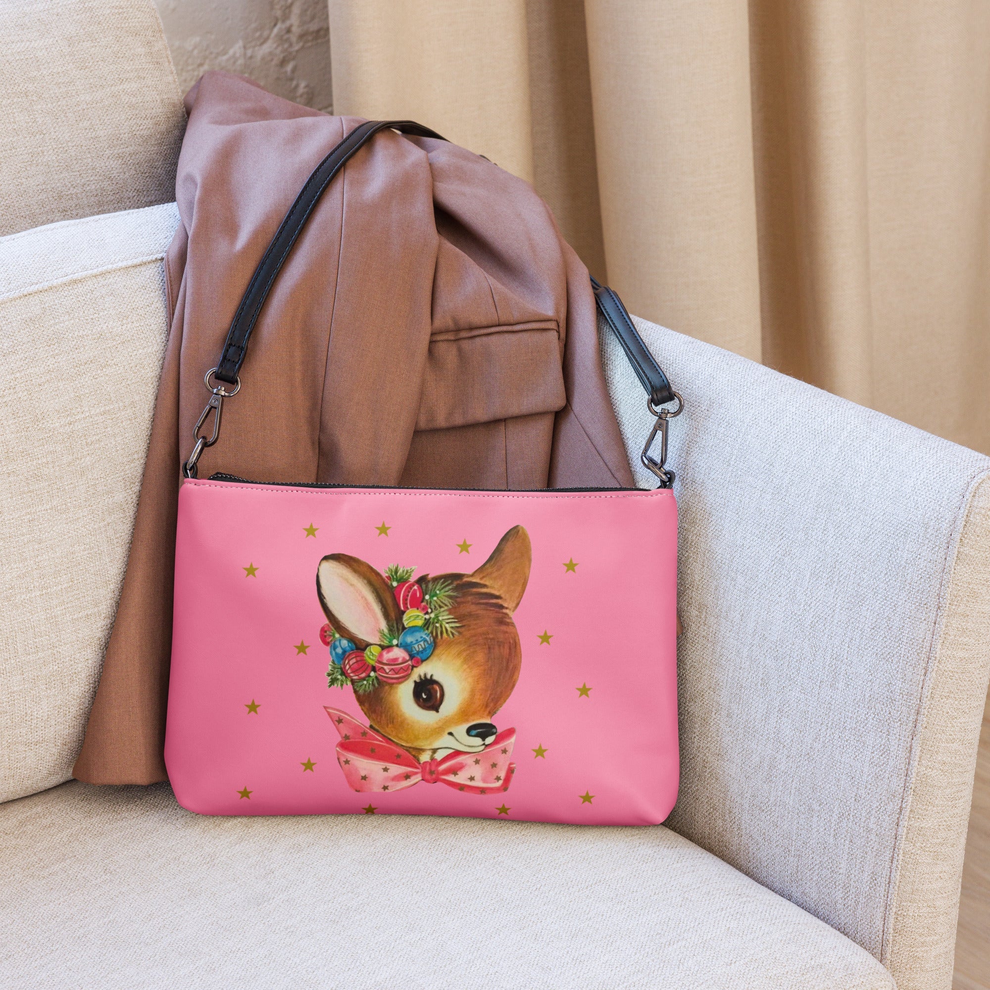 Reindeer Gold Stars Pink Mid Century Retro Christmas Crossbody Bag Purse