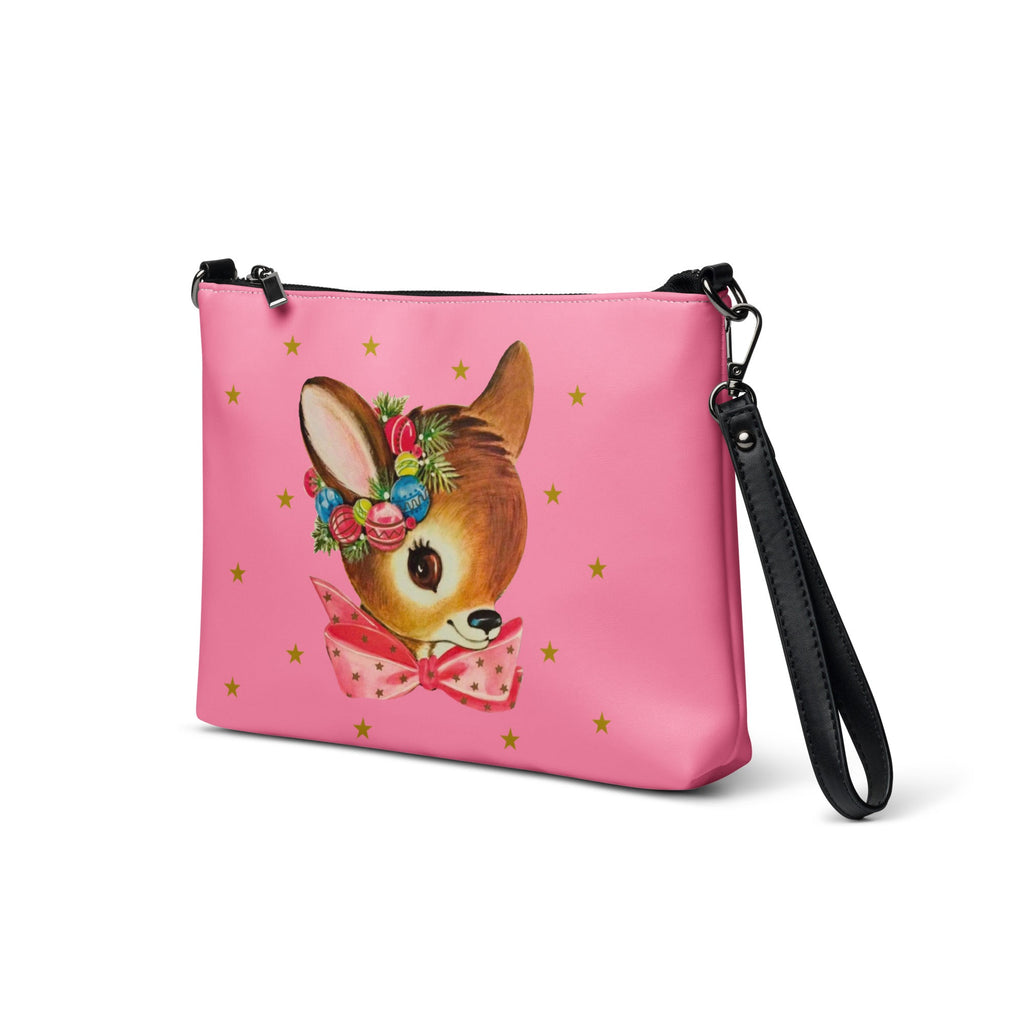 Reindeer Gold Stars Pink Mid Century Retro Christmas Crossbody Bag Purse