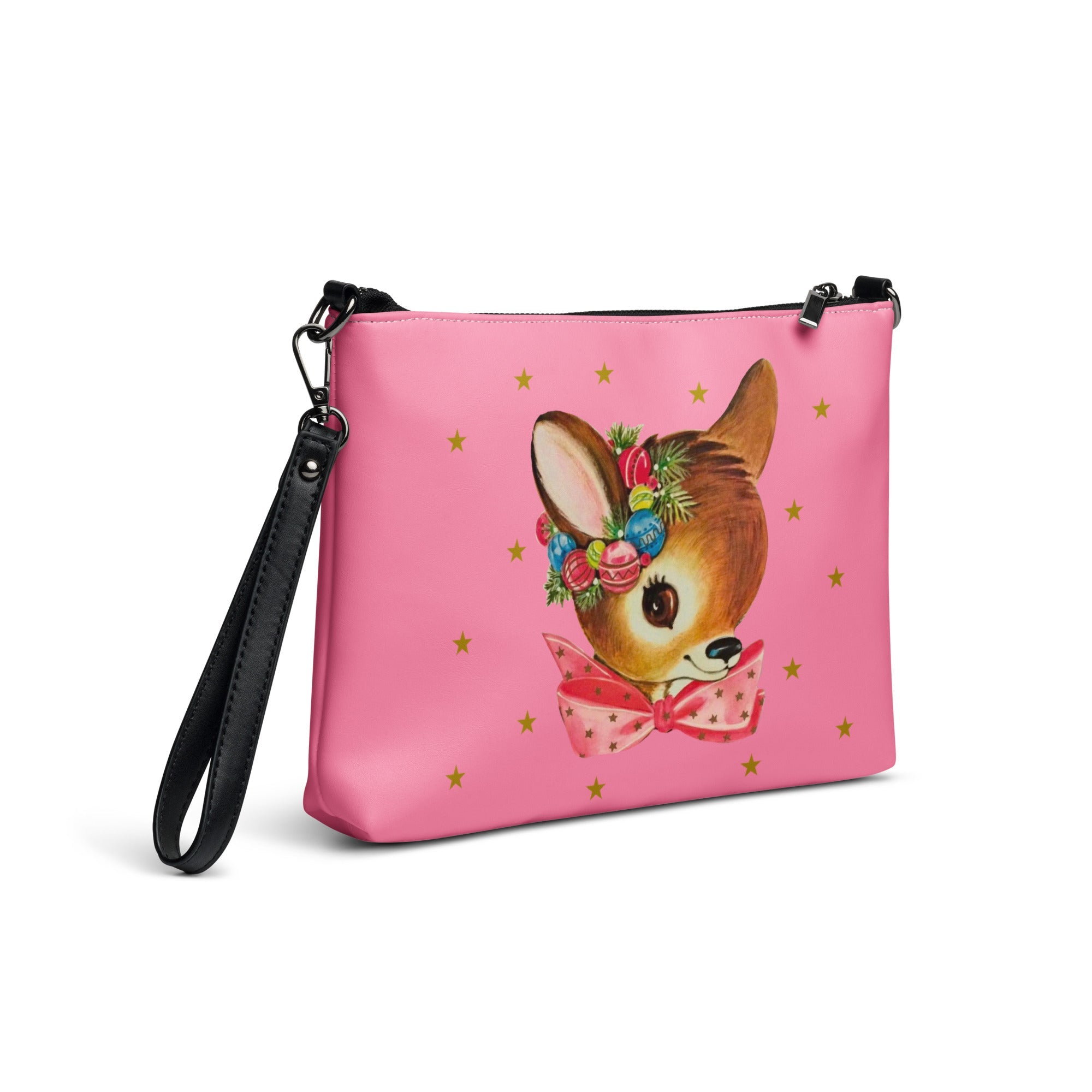Reindeer Gold Stars Pink Mid Century Retro Christmas Crossbody Bag Purse