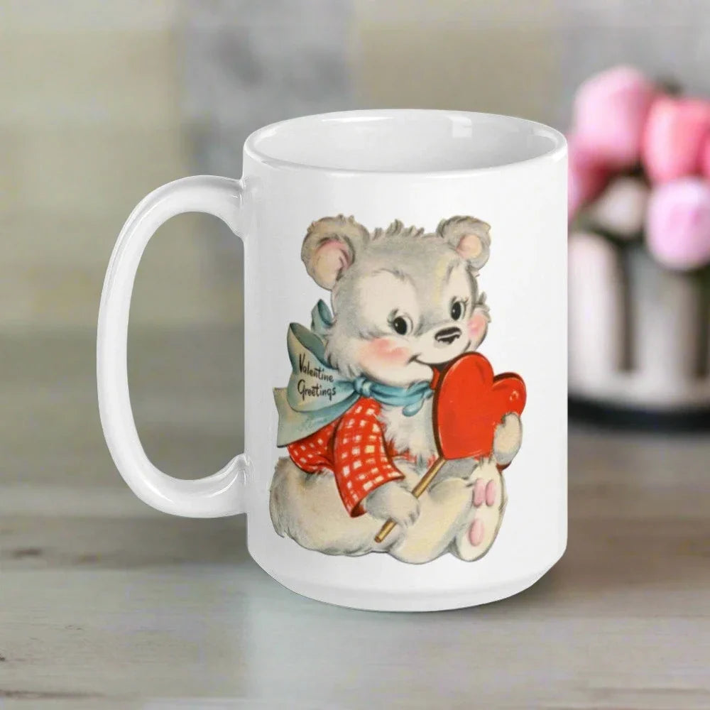 Valentine's Greetings Cute White Bear Heart Retro Midcentury Coffee Mug