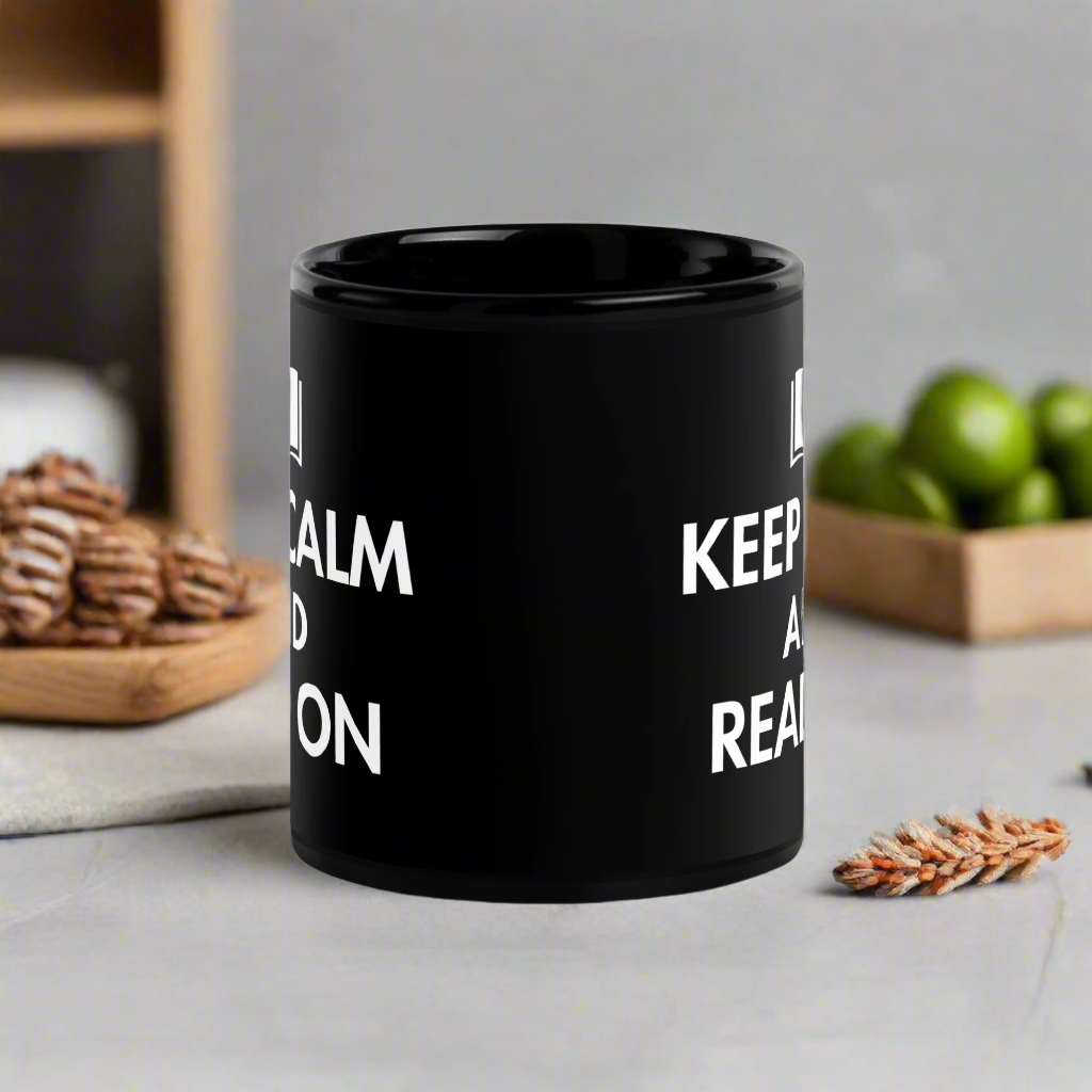 Keep Calm And Read On Black Glossy Mug