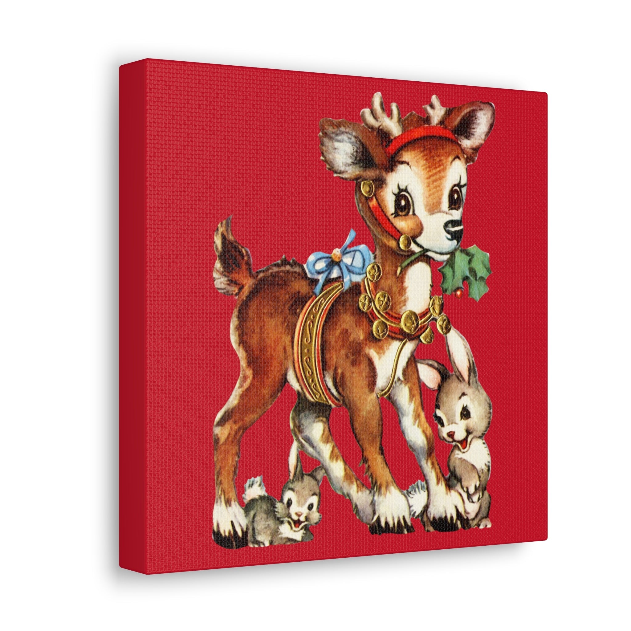 Reindeer And Bunnies Mid Century Retro Christmas Print Canvas Gallery Wrap