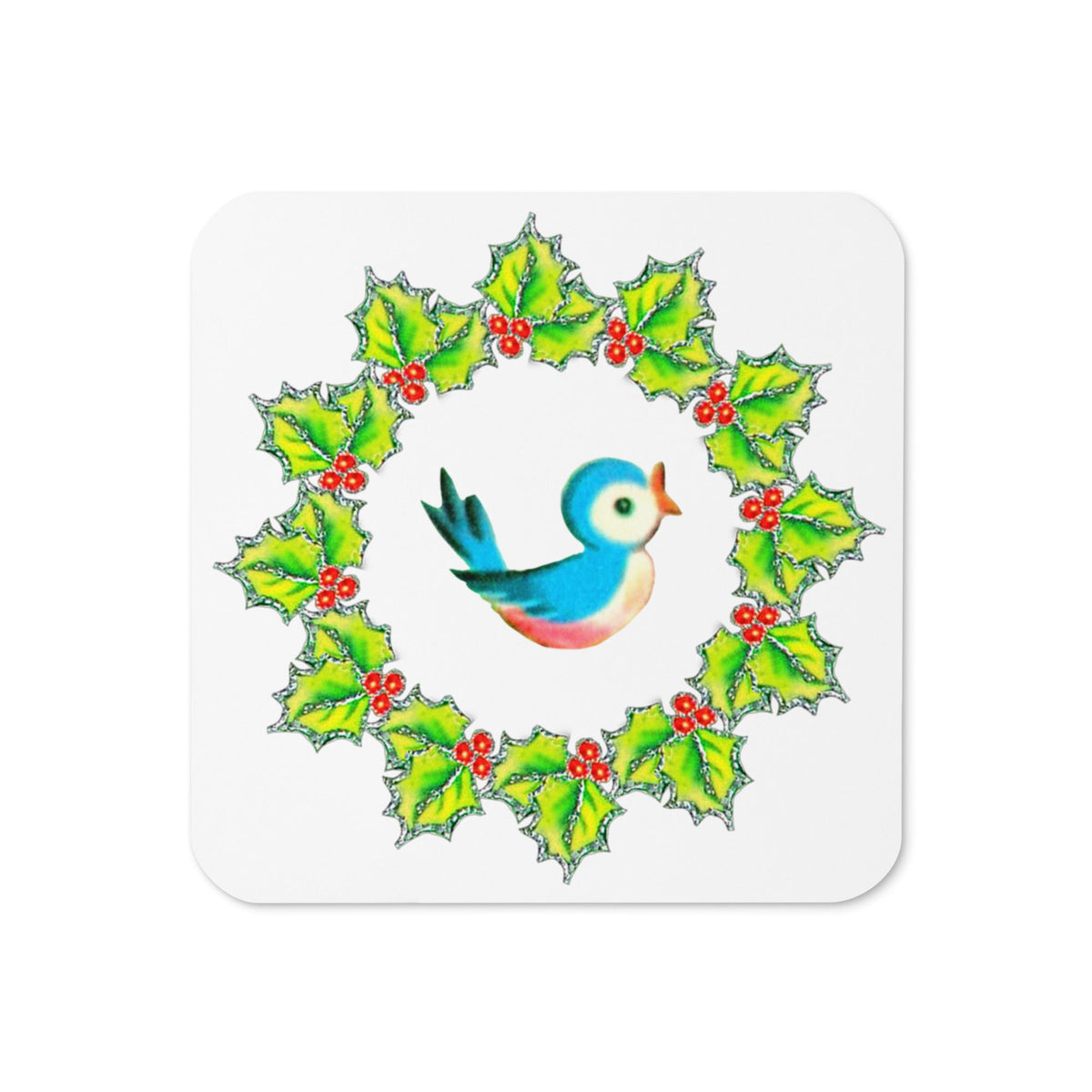 Christmas Bluebird In Wreath Mid Century Retro Christmas Print Cork-back Coaster