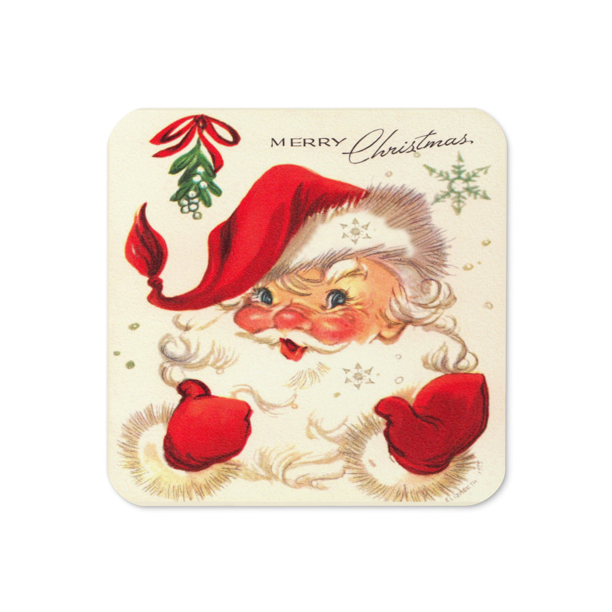 Merry Christmas Santa Under The Mistletoe Mid Century Retro Christmas Print Cork-back Coaster