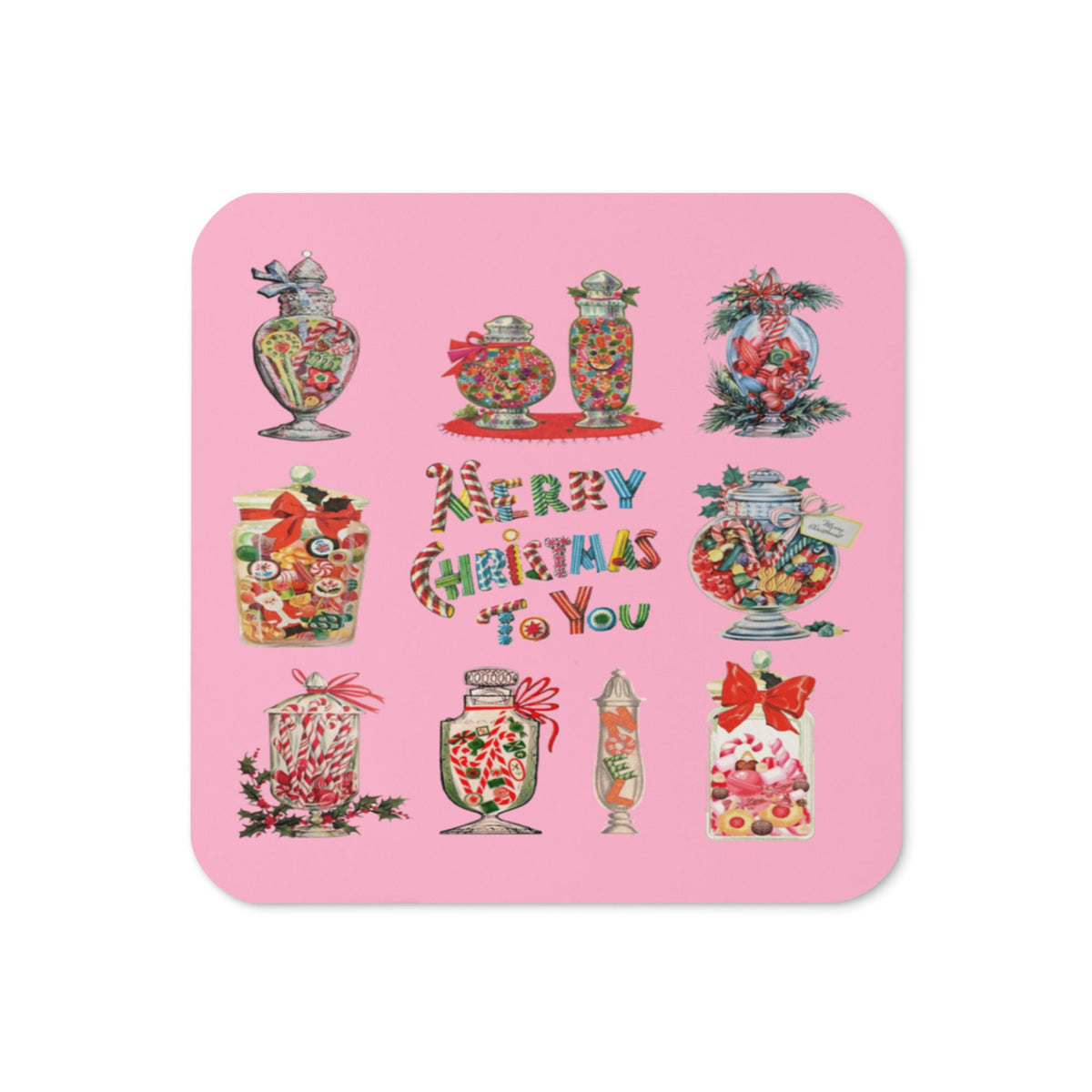 Merry Christmas To You Christmas Candy Pink Mid Century Retro Christmas Print Cork-back Coaster