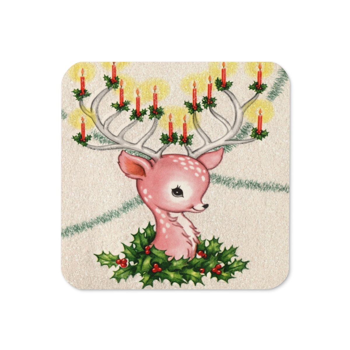 Reindeer With Christmas Candles And Holly Mid Century Retro Christmas Print Cork-back Coaster