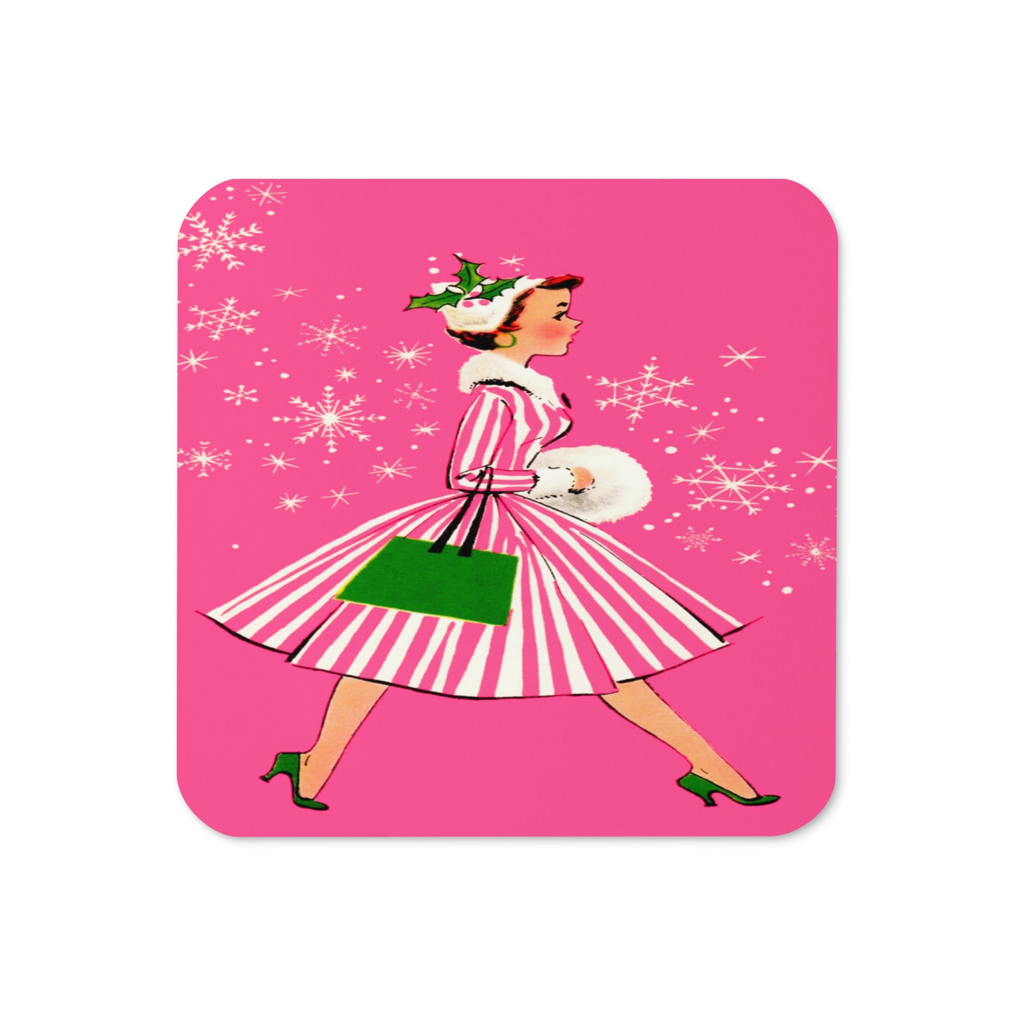 Pink Christmas Lady Mid Century Retro Christmas Print Cork-back Coaster
