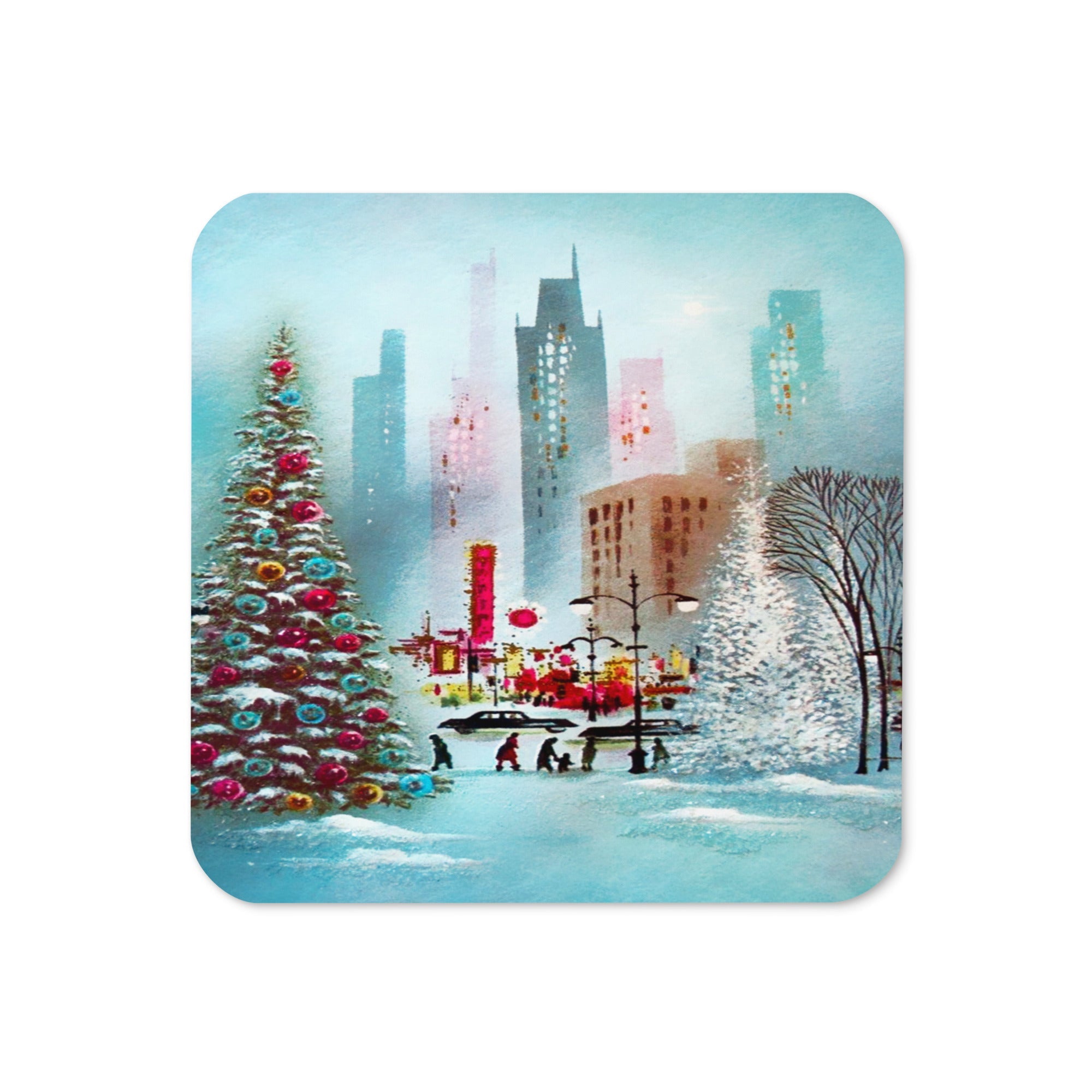 Christmas City Scene Mid Century Retro Christmas Print Cork-back Coaster