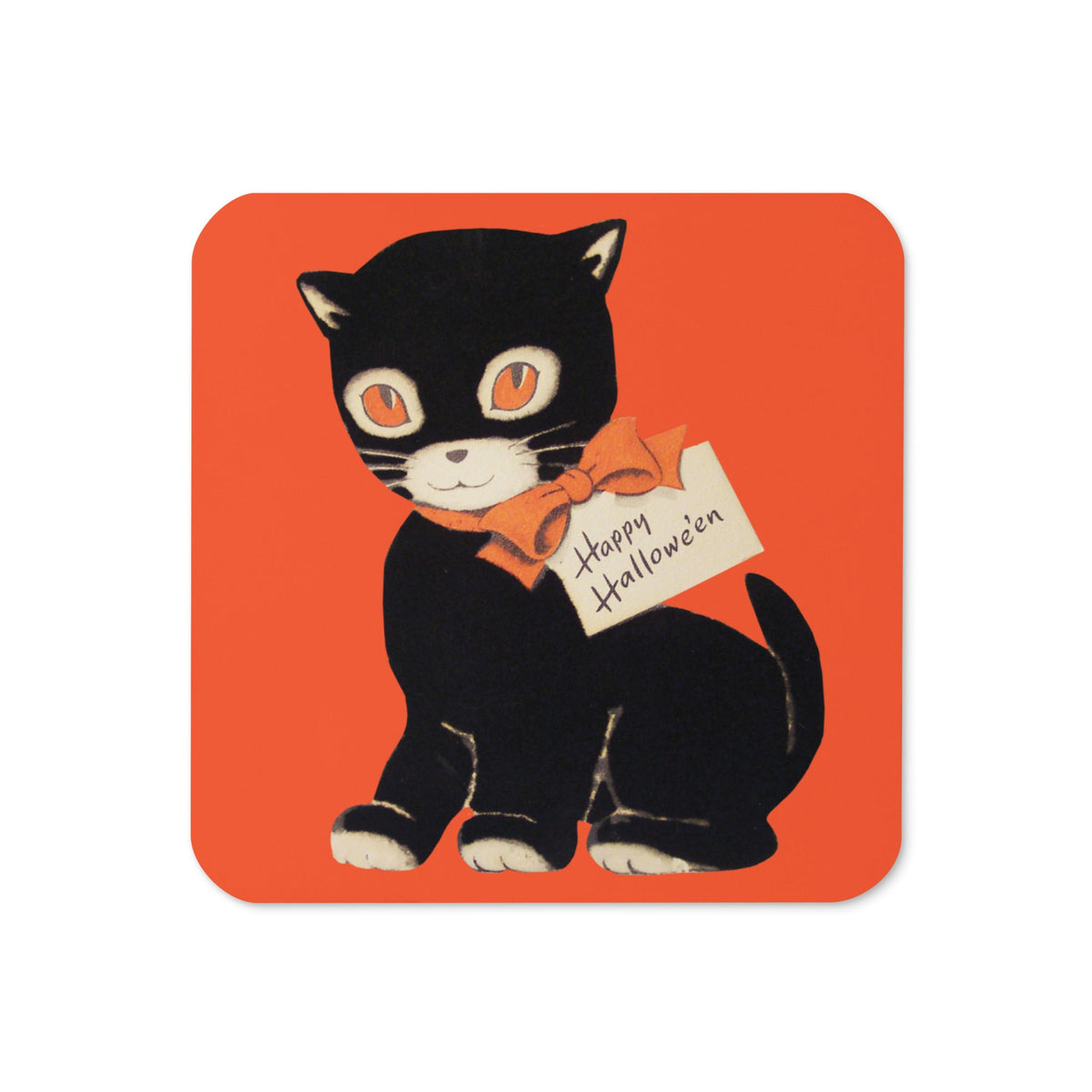 Black Cat Retro Happy Halloween Print Cork-back Coaster