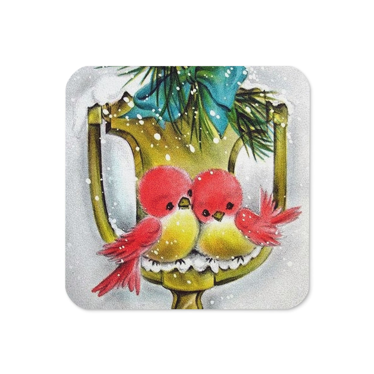 Christmas Red Love Birds Winter Retro Christmas Print Cork-back Coaster