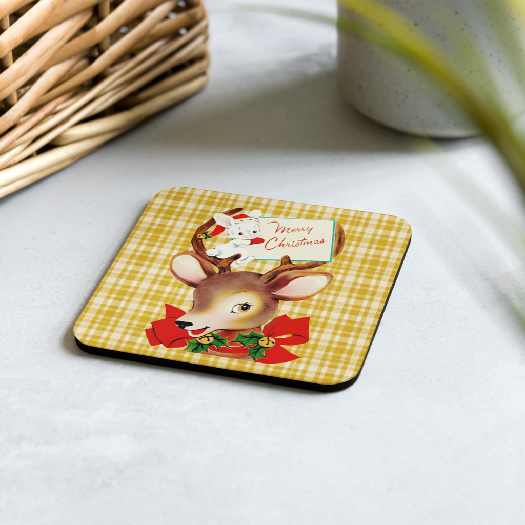 Merry Christmas Reindeer And Bunny Yellow Plaid Mid Century Retro Christmas Print Cork-back Coaster