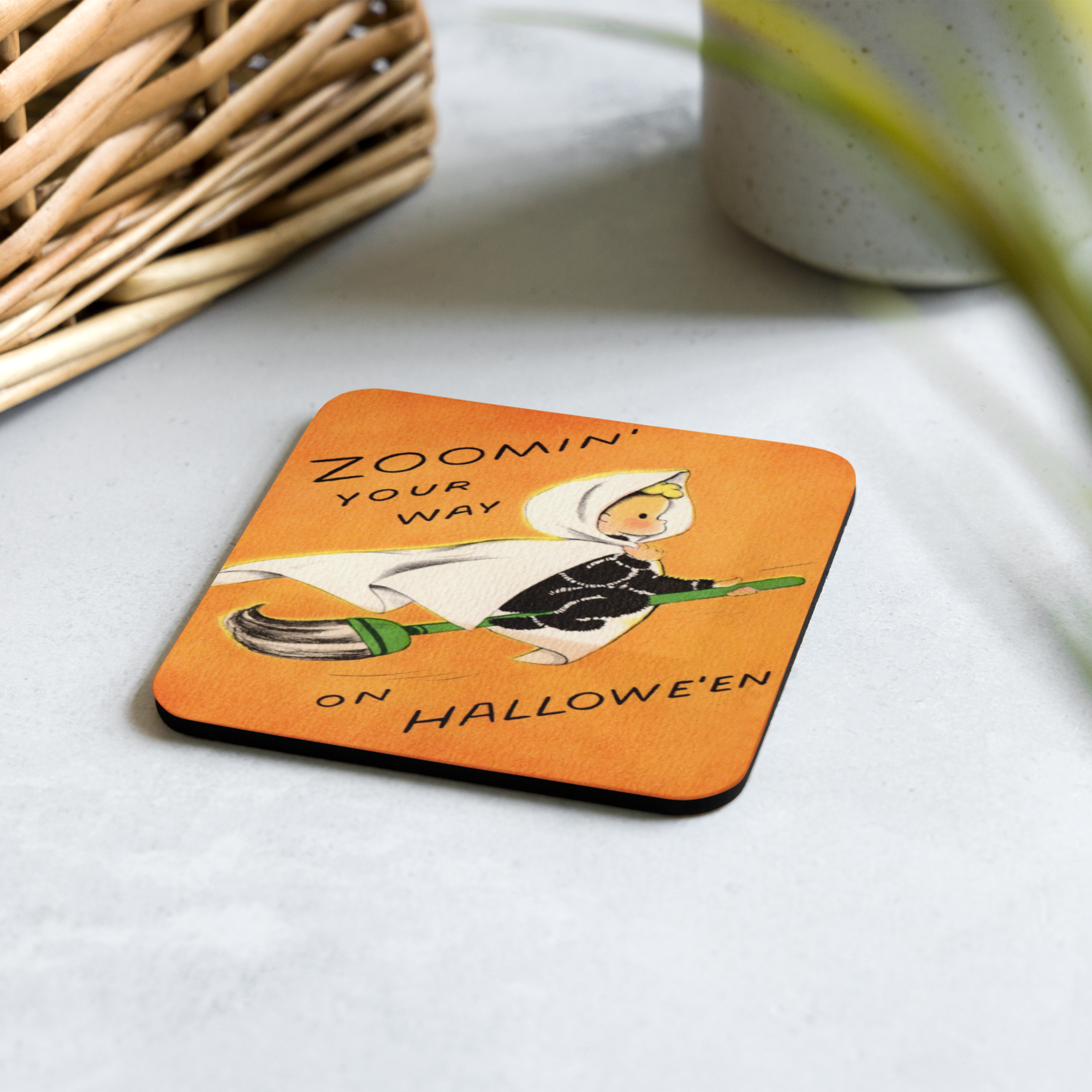 Zoomin' Your Way On Halloween Orange Witch Halloween Retro Cork-back Coaster