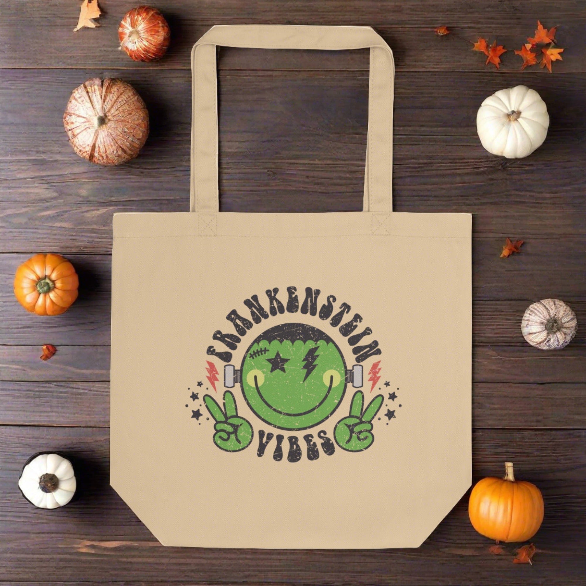 Frankenstein Vibes Distressed Style Halloween Eco Cotton Tote Bag