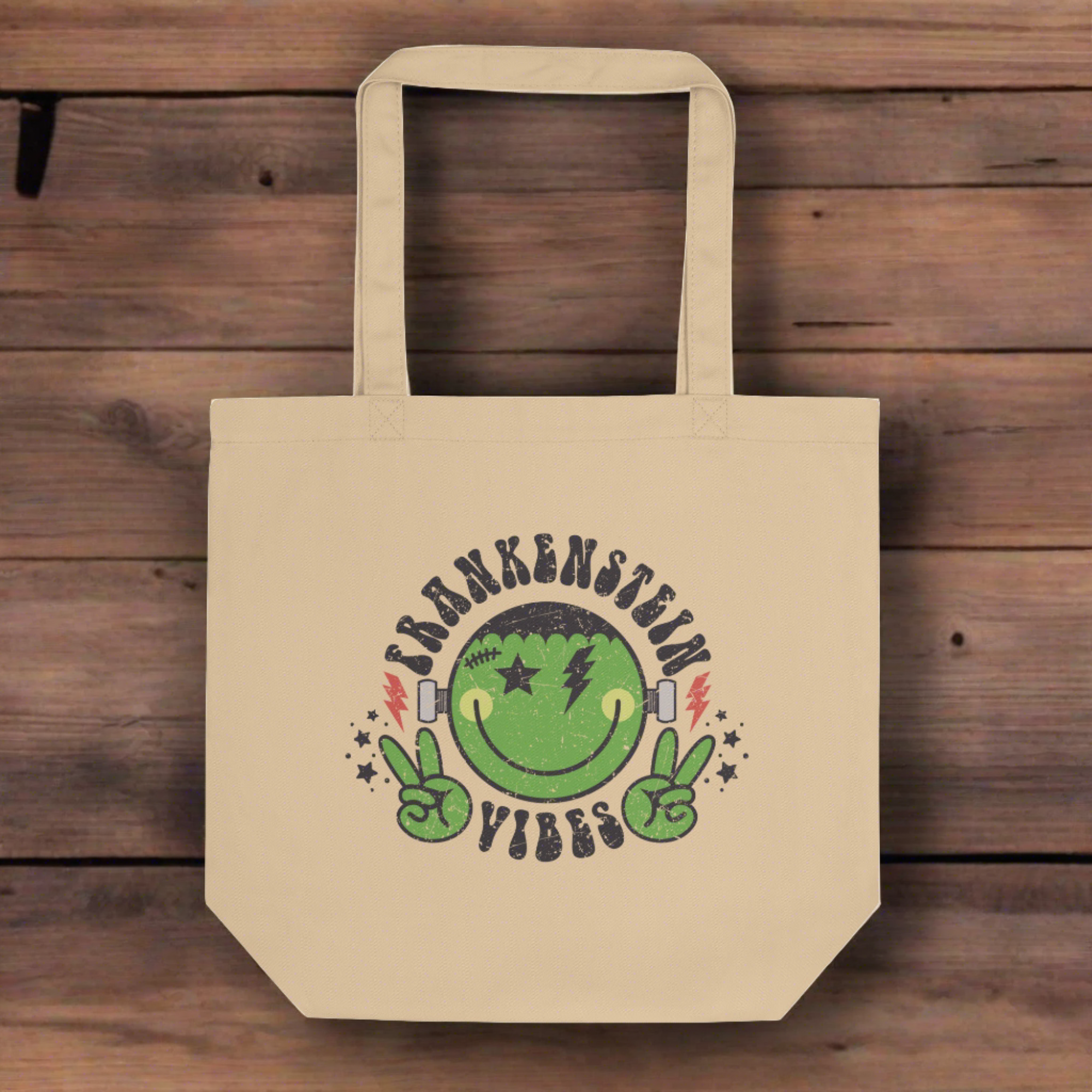 Frankenstein Vibes Distressed Style Halloween Eco Cotton Tote Bag