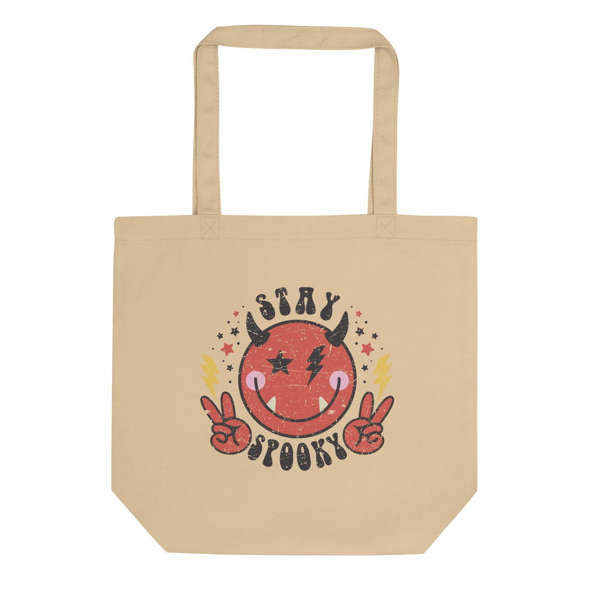 Stay Spooky Cute Devil Distressed Print Halloween Eco Cotton Tote Bag
