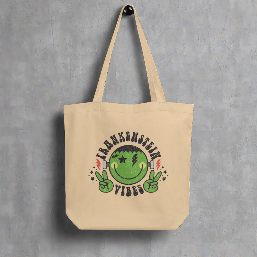 Frankenstein Vibes Distressed Style Halloween Eco Cotton Tote Bag
