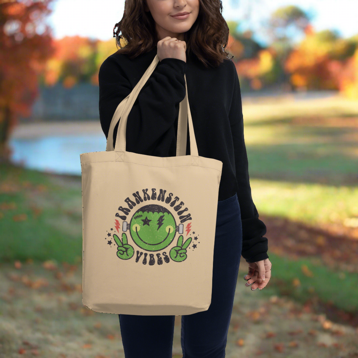 Frankenstein Vibes Distressed Style Halloween Eco Cotton Tote Bag