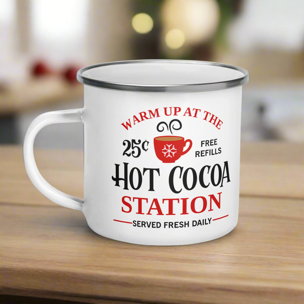 Warm Up At The Hot Cocoa Station Christmas Hot Chocolate Camping Enamel Mug