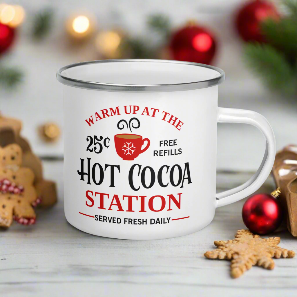 Warm Up At The Hot Cocoa Station Christmas Hot Chocolate Camping Enamel Mug