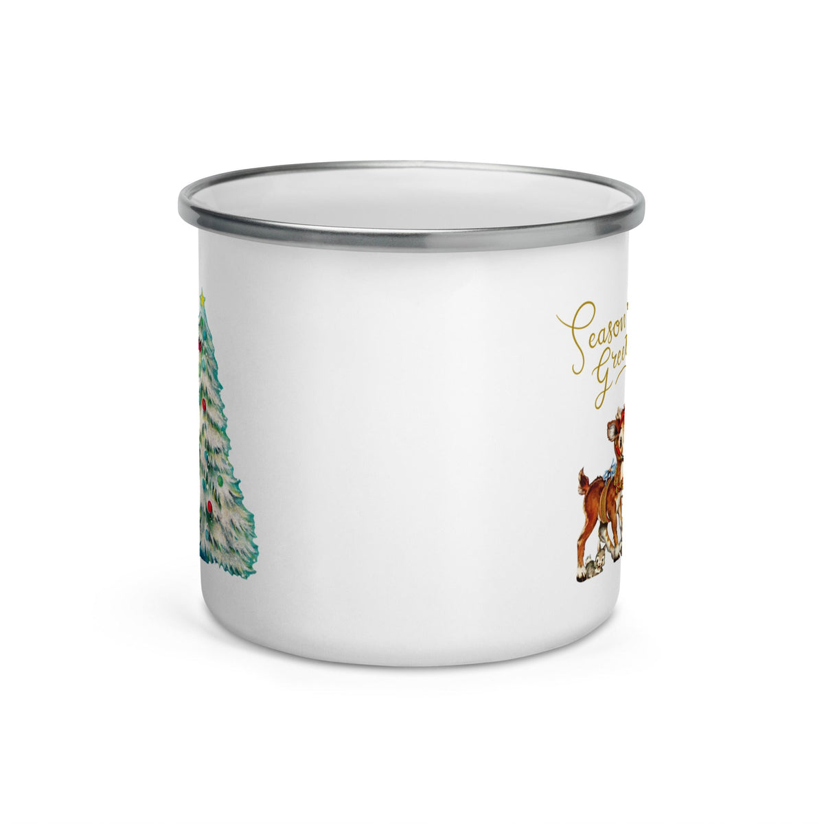 Christmas Reindeer And Bunny Mid Century Retro Christmas Print Hot Chocolate Camping Enamel Mug