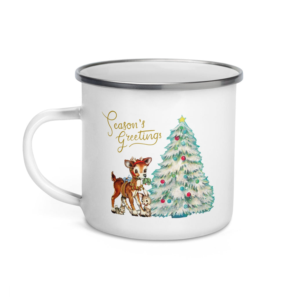 Christmas Reindeer And Bunny Mid Century Retro Christmas Print Hot Chocolate Camping Enamel Mug