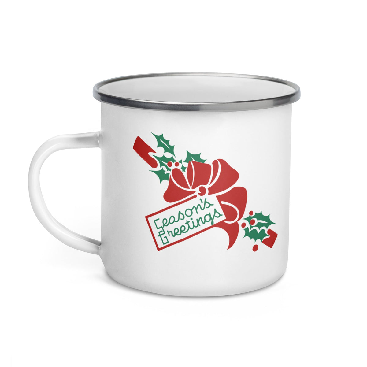 Seasons Greetings Bow Mid Century Retro Christmas Print Hot Chocolate Camping Enamel Mug